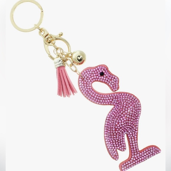 Crystal Pink Flamingo bedazzled bag charm with gold hardware - Picture 1 of 4
